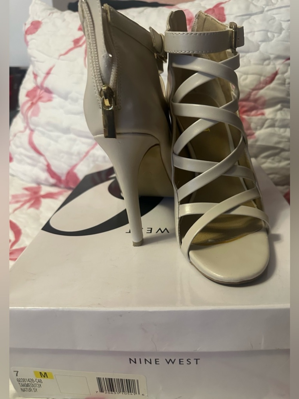 Nine West Strappy Open-Toe Heels in Neutral Beige